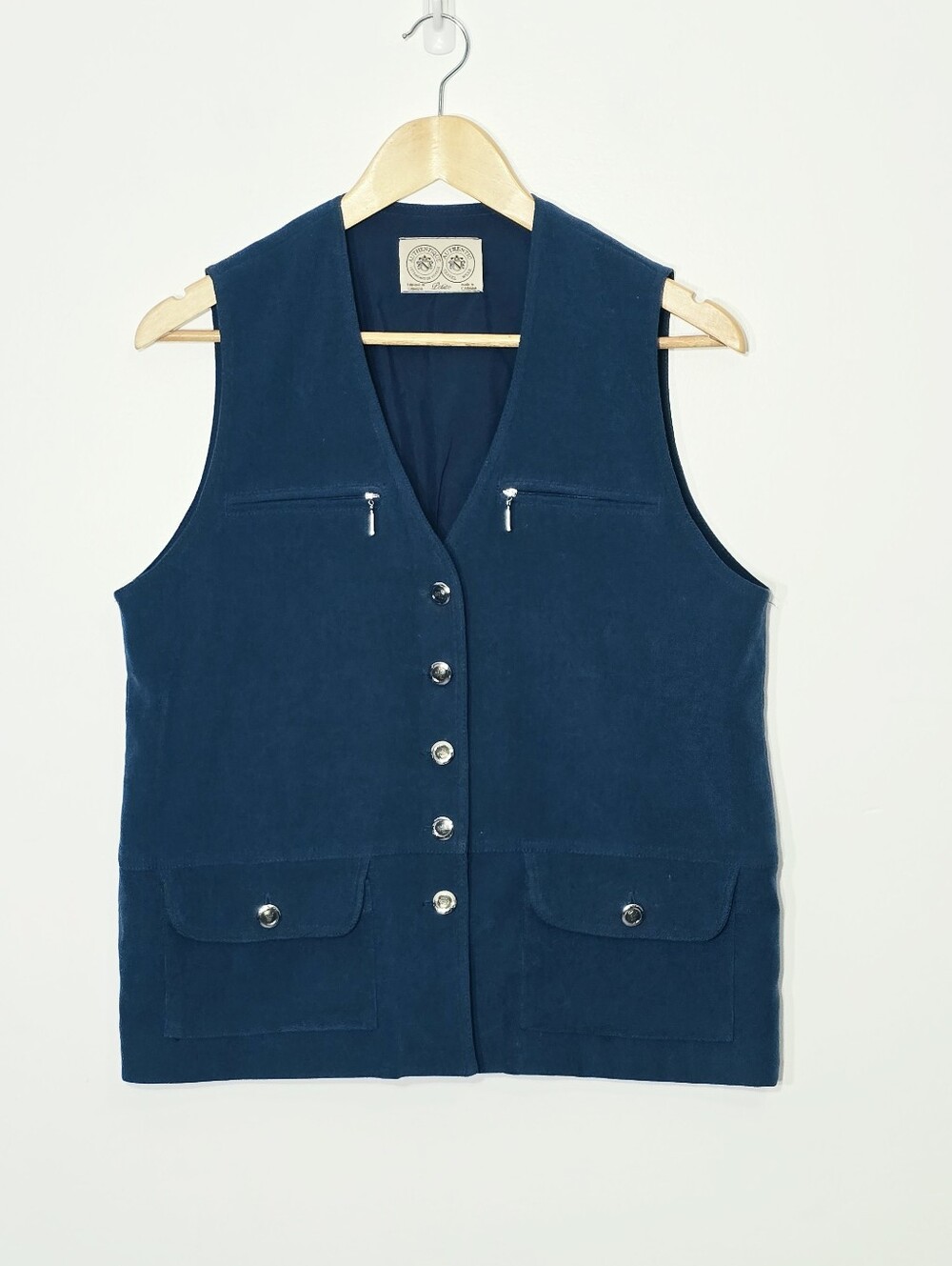 Vintage Blue Sleeveless Zipper Pockets Button Down Retro Vest Size 8 Petite